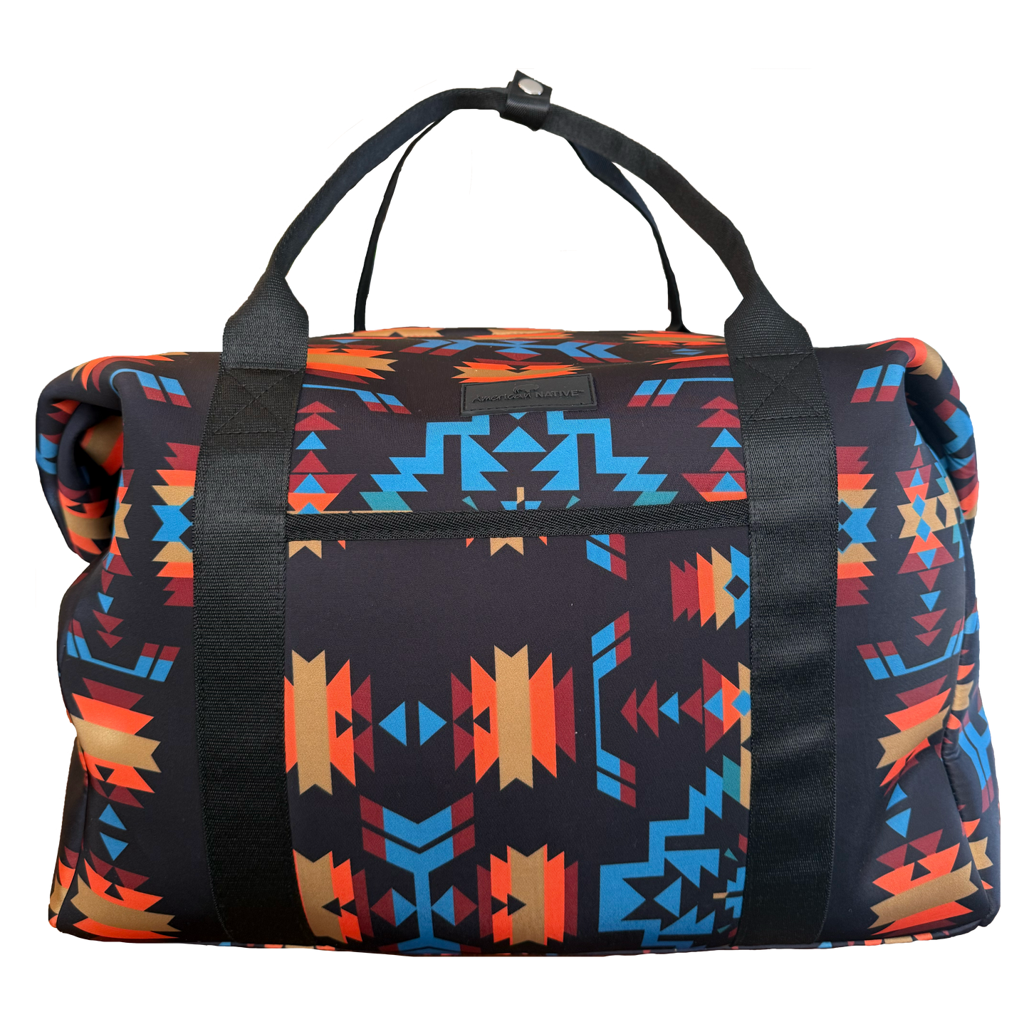 Multicolored patterned duffel bag on a white background