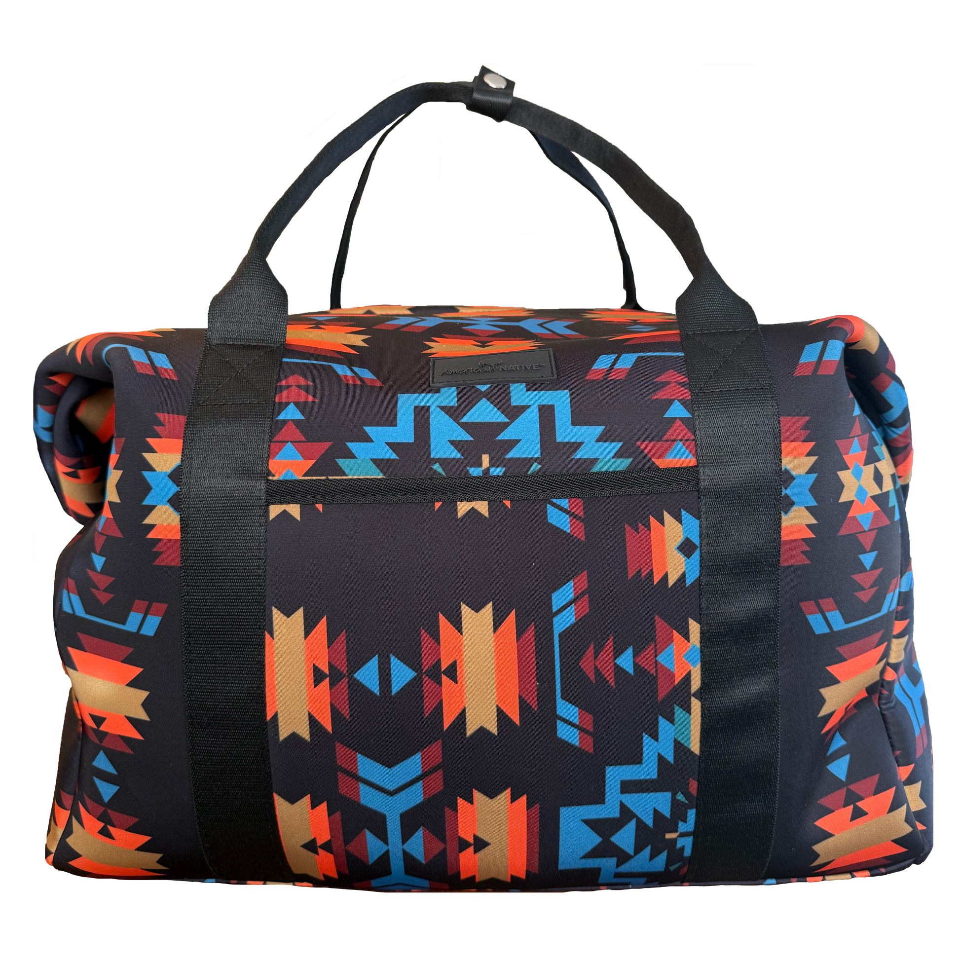 Multicolored patterned duffel bag on a white background