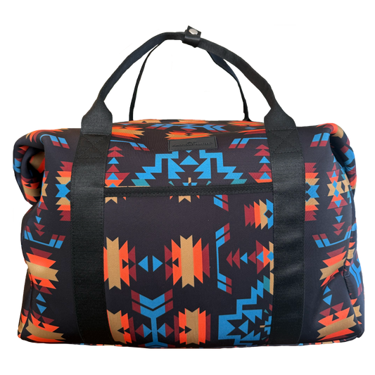 Multicolored patterned duffel bag on a white background