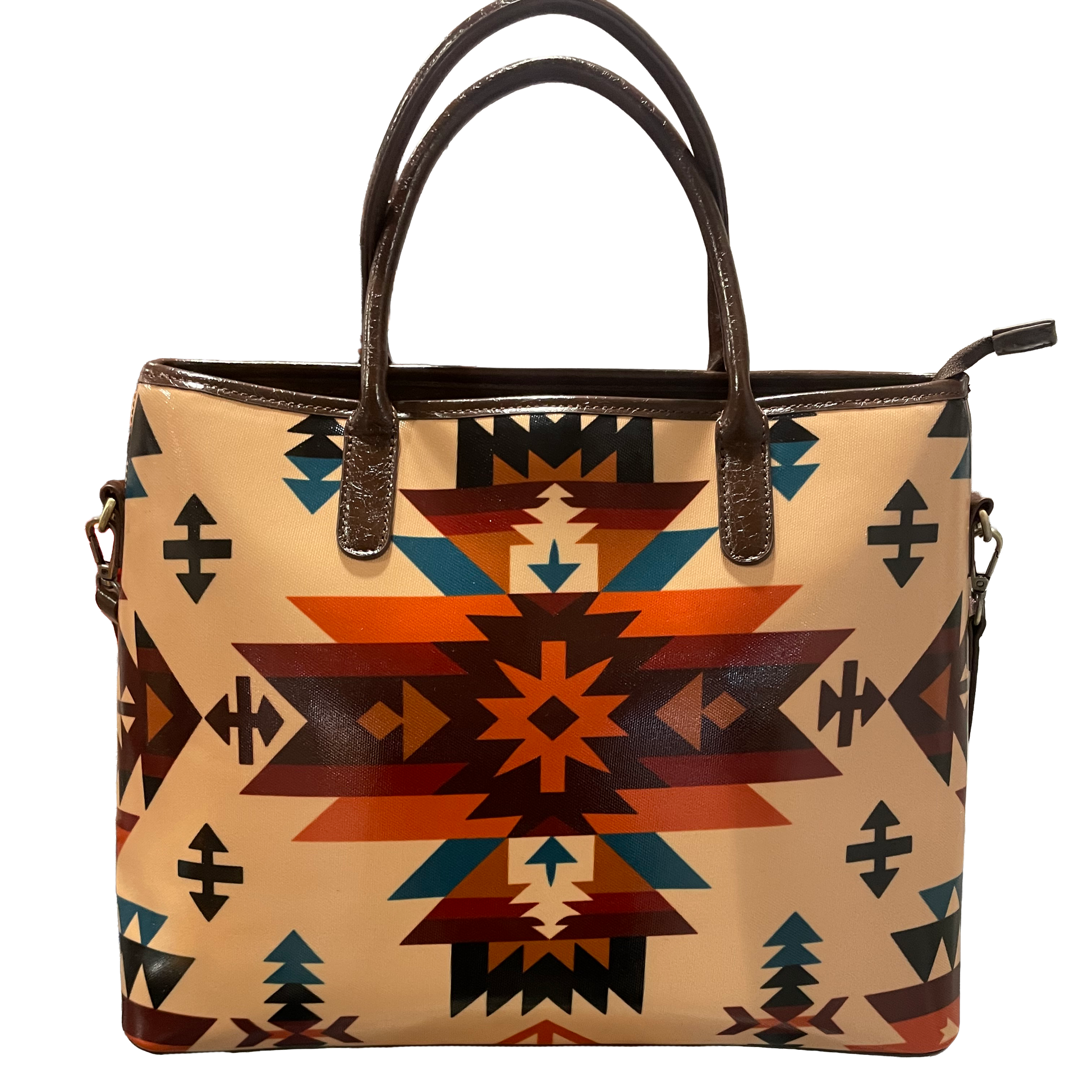Handbag with geometric pattern on a beige background