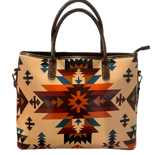 Handbag with geometric pattern on a beige background