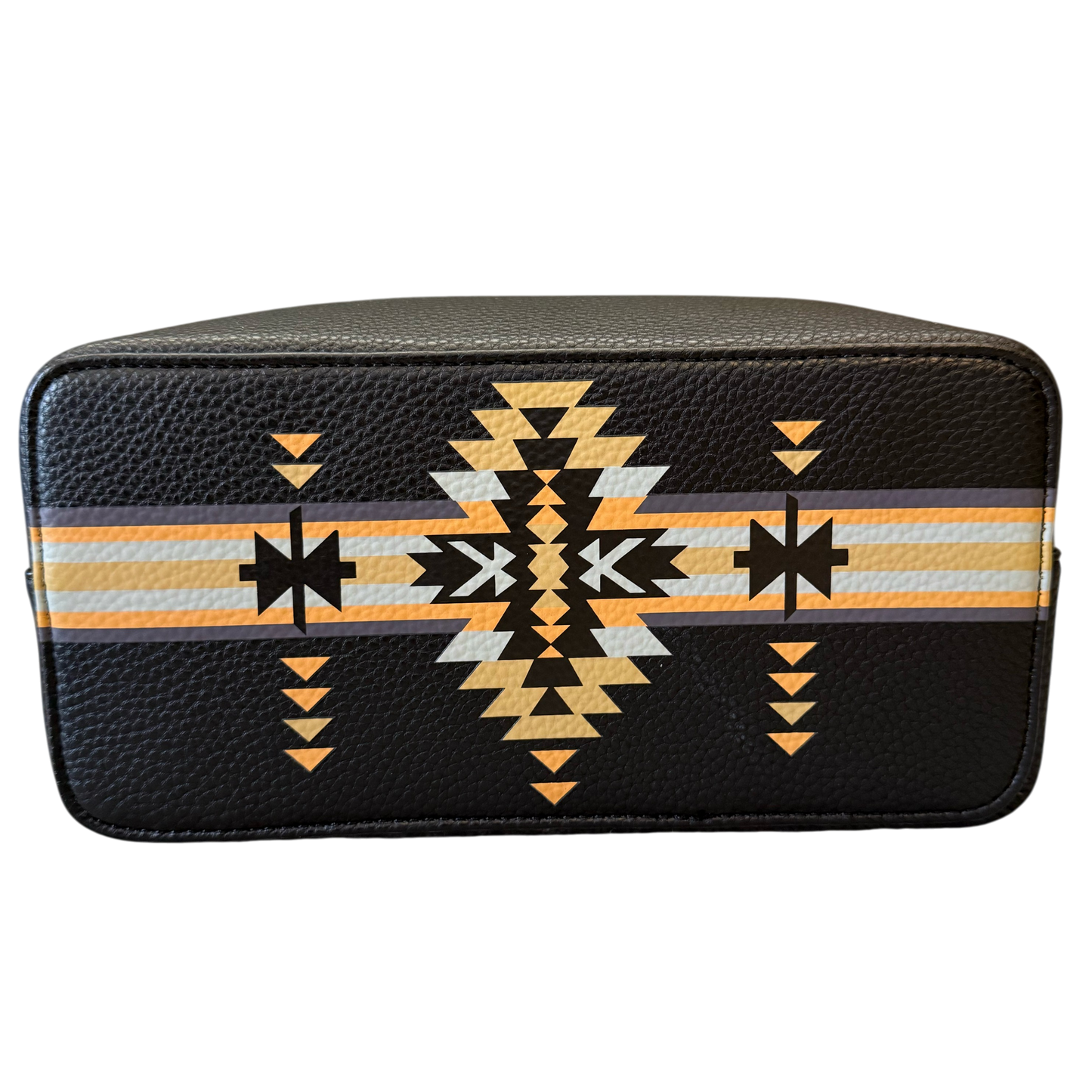 Black toiletry bag with geometric pattern on a white background