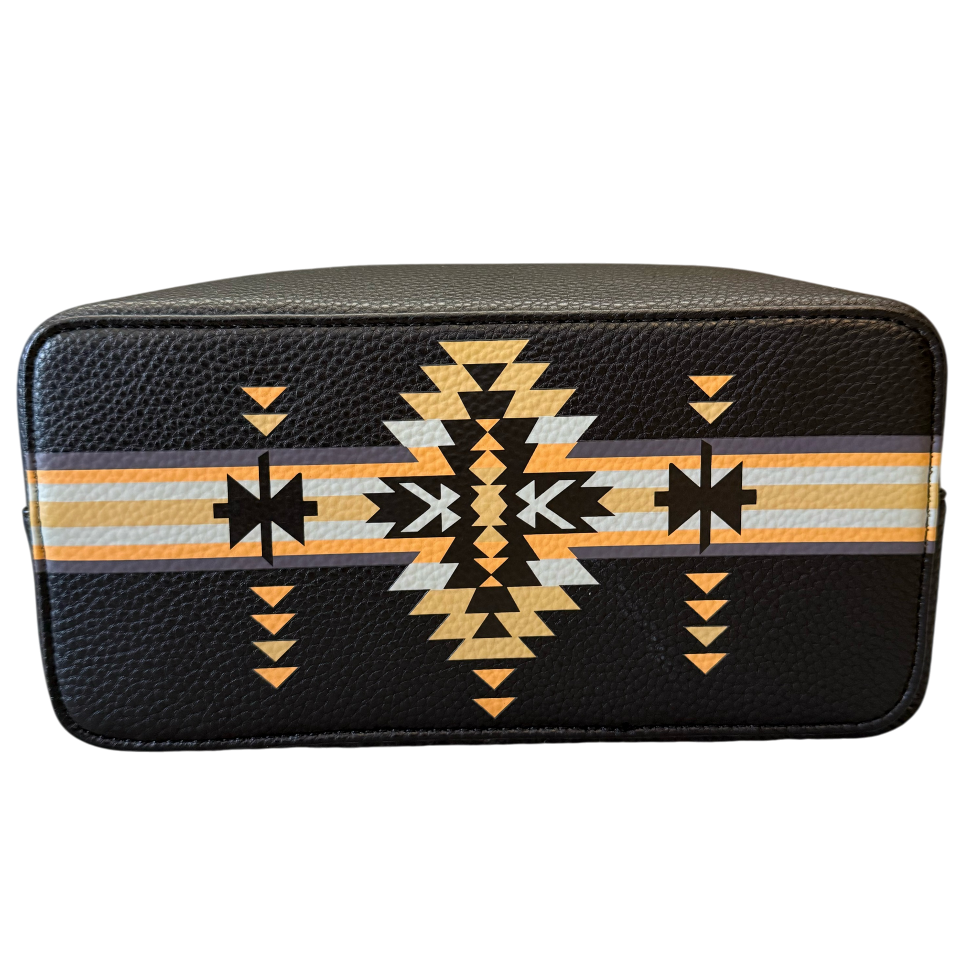 Black toiletry bag with geometric pattern on a white background