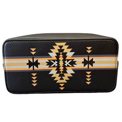 Black toiletry bag with geometric pattern on a white background