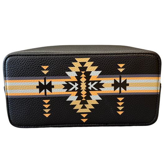 Black toiletry bag with geometric pattern on a white background