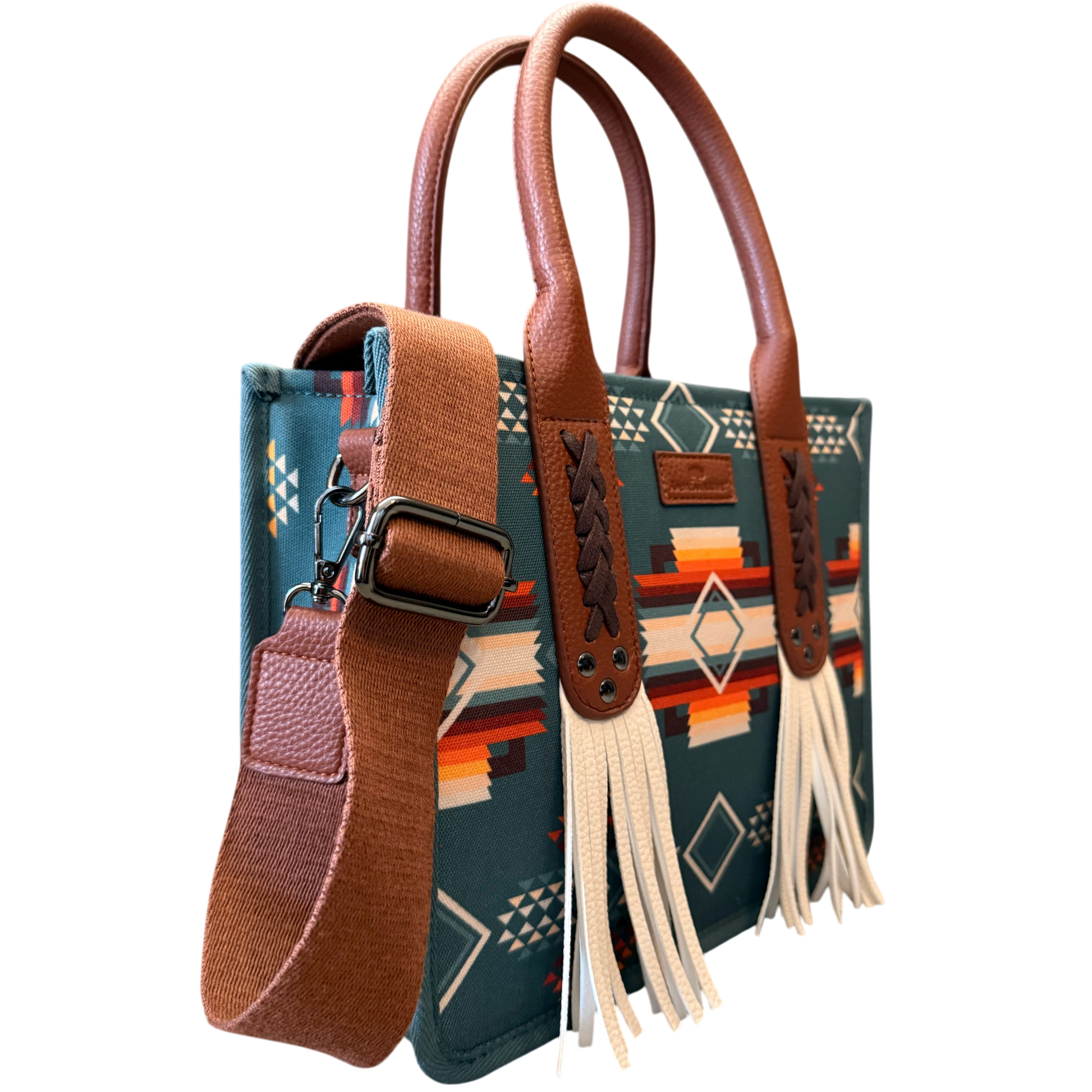 Handbag with brown leather straps and tassels on a transparent background