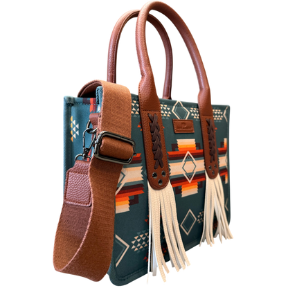 Handbag with brown leather straps and tassels on a transparent background