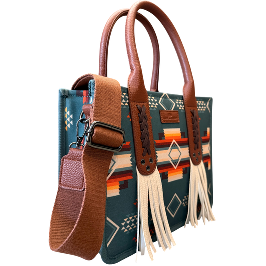 Handbag with brown leather straps and tassels on a transparent background