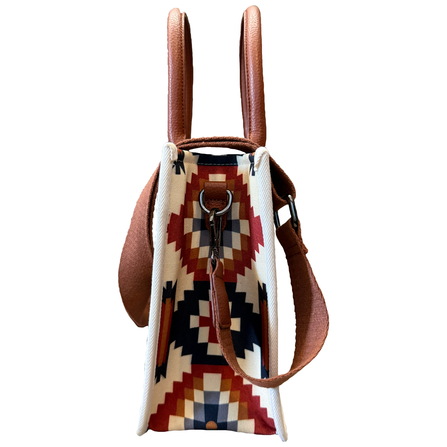 Small backpack with a geometric pattern on a white background
