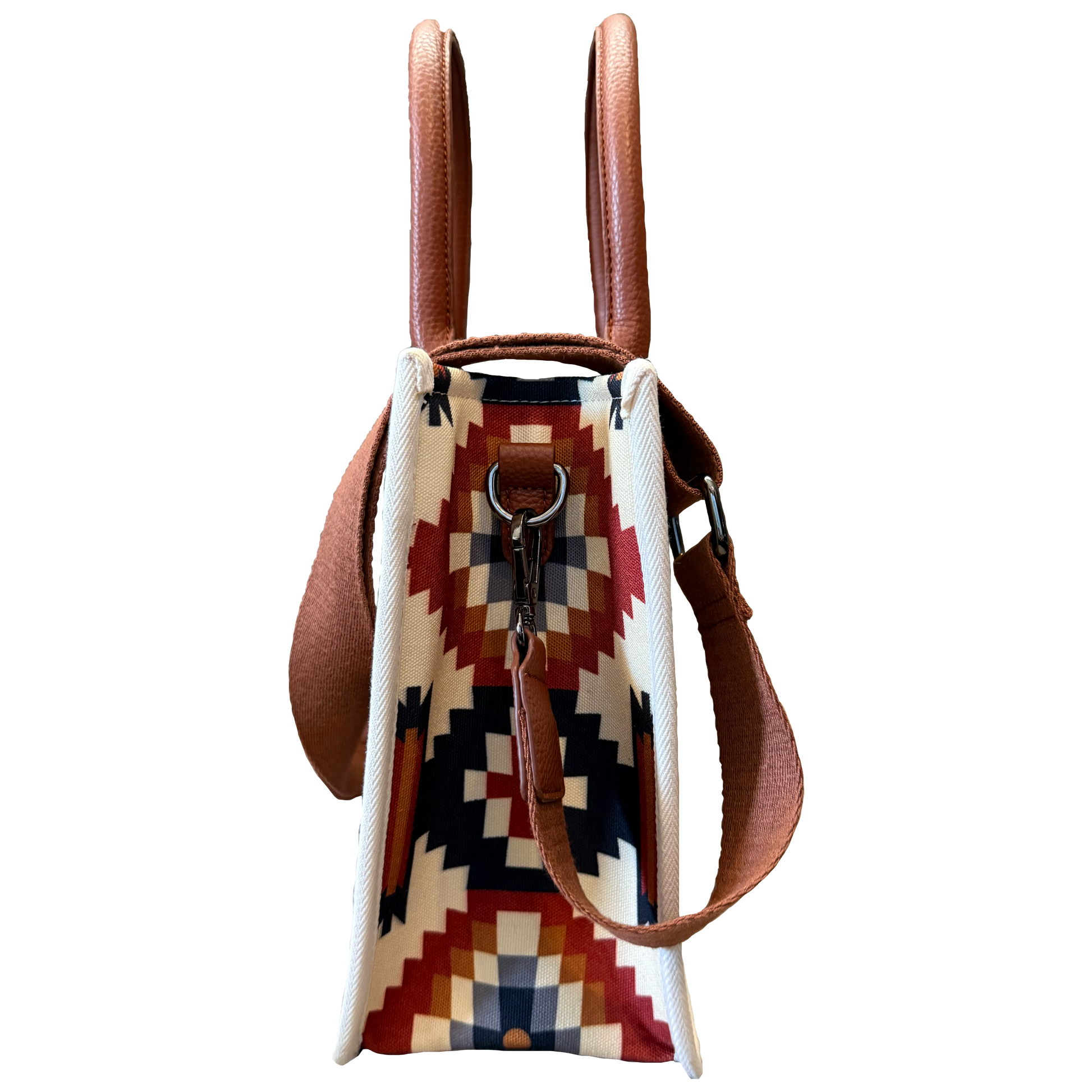 Small backpack with a geometric pattern on a white background