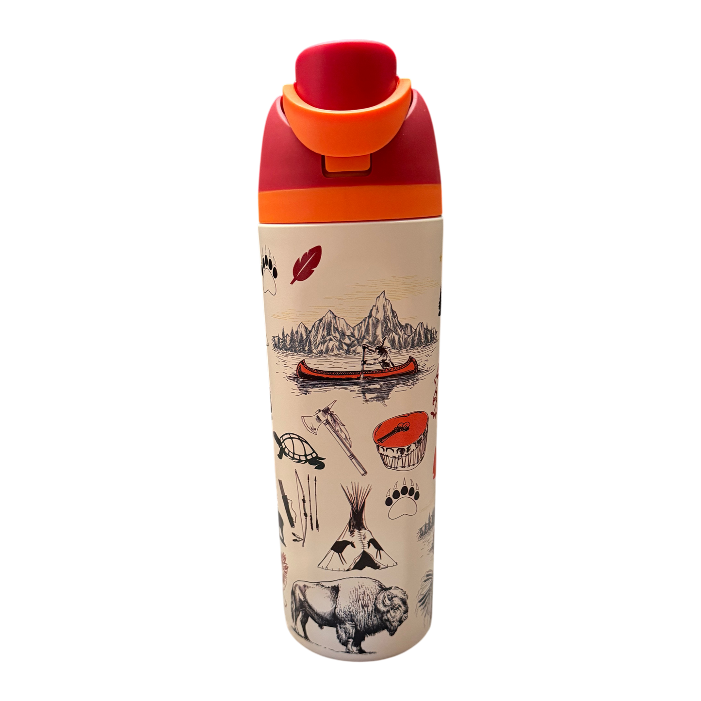 Thermos bottle with nature-themed design and red and orange lid on a white background