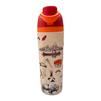 Thermos bottle with nature-themed design and red and orange lid on a white background
