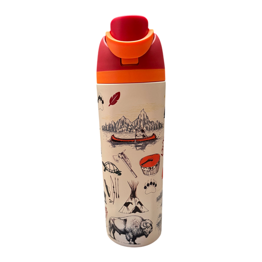 Thermos bottle with nature-themed design and red and orange lid on a white background