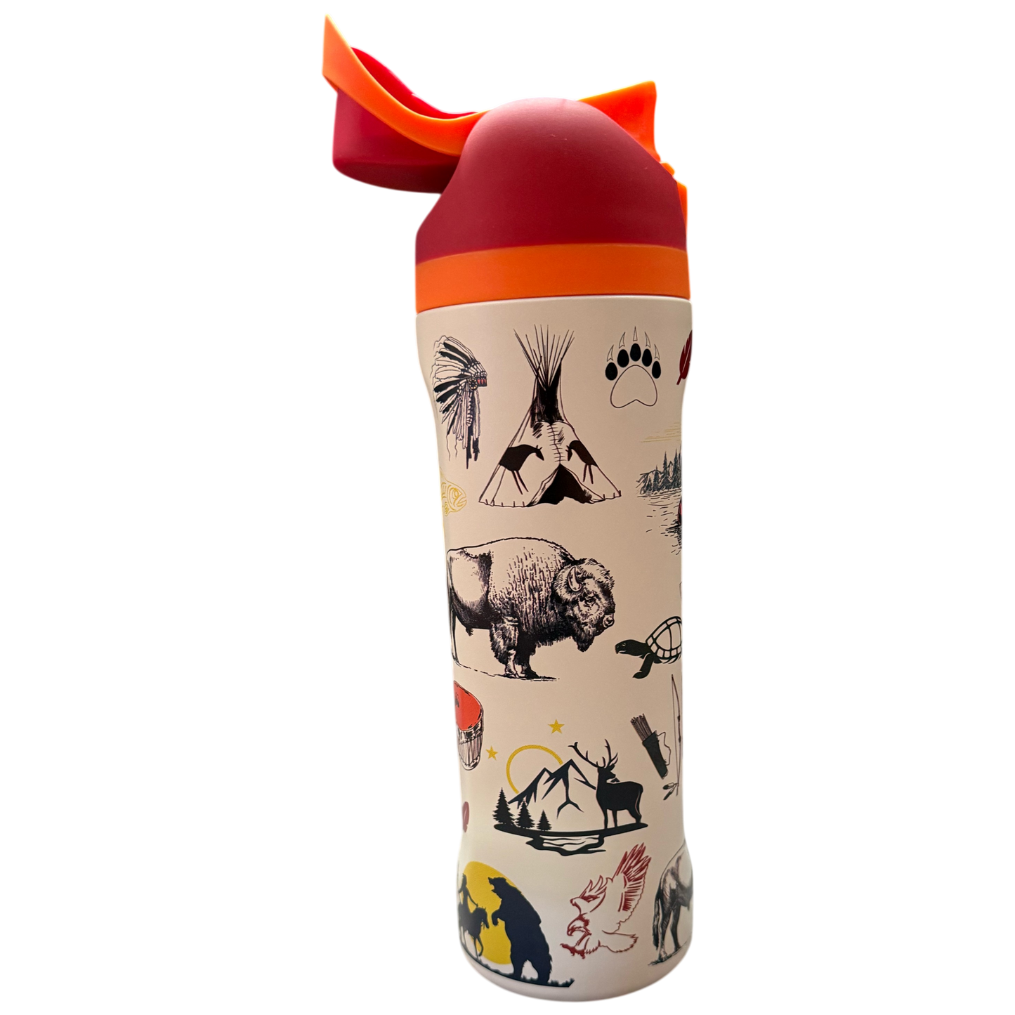 Tumbler with Native American design and red lid on a white background