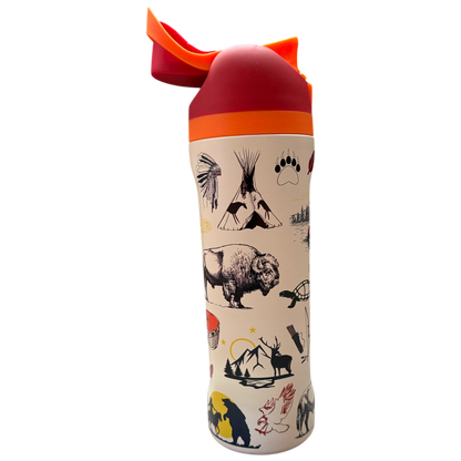 Tumbler with Native American design and red lid on a white background