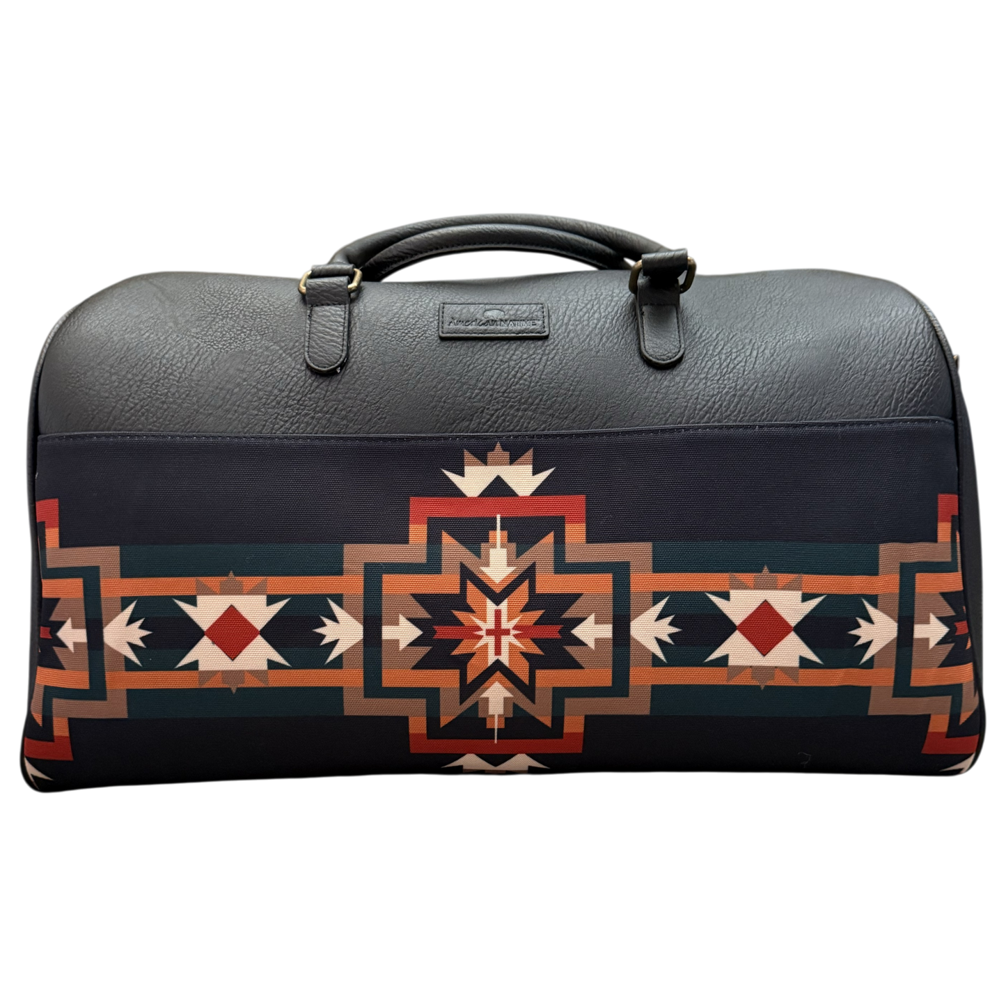 A dark gray leather duffel bag featuring a prominent Southwestern geometric pattern in red, orange, beige, and white on the lower half, with a top handle and a small brand plaque on the front.