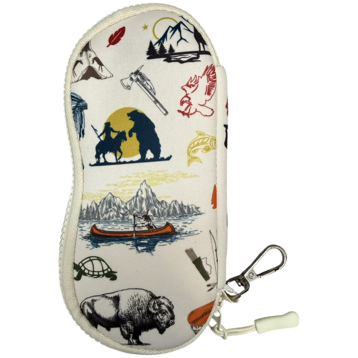 A zippered eyeglasses case with an off-white background and a multicolor outdoor-themed print featuring a bison, canoe, mountains, and fishing gear, complete with a silver carabiner and white rubber band.