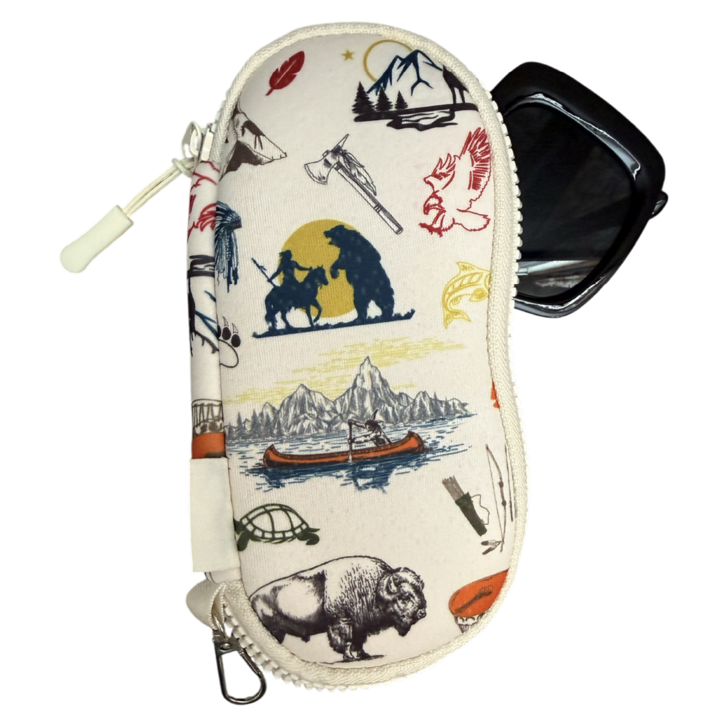 A cream-colored zippered eyeglasses case with a colorful outdoor-themed illustration pattern, shown with a pair of black sunglasses tucked into the side pocket against a white background.