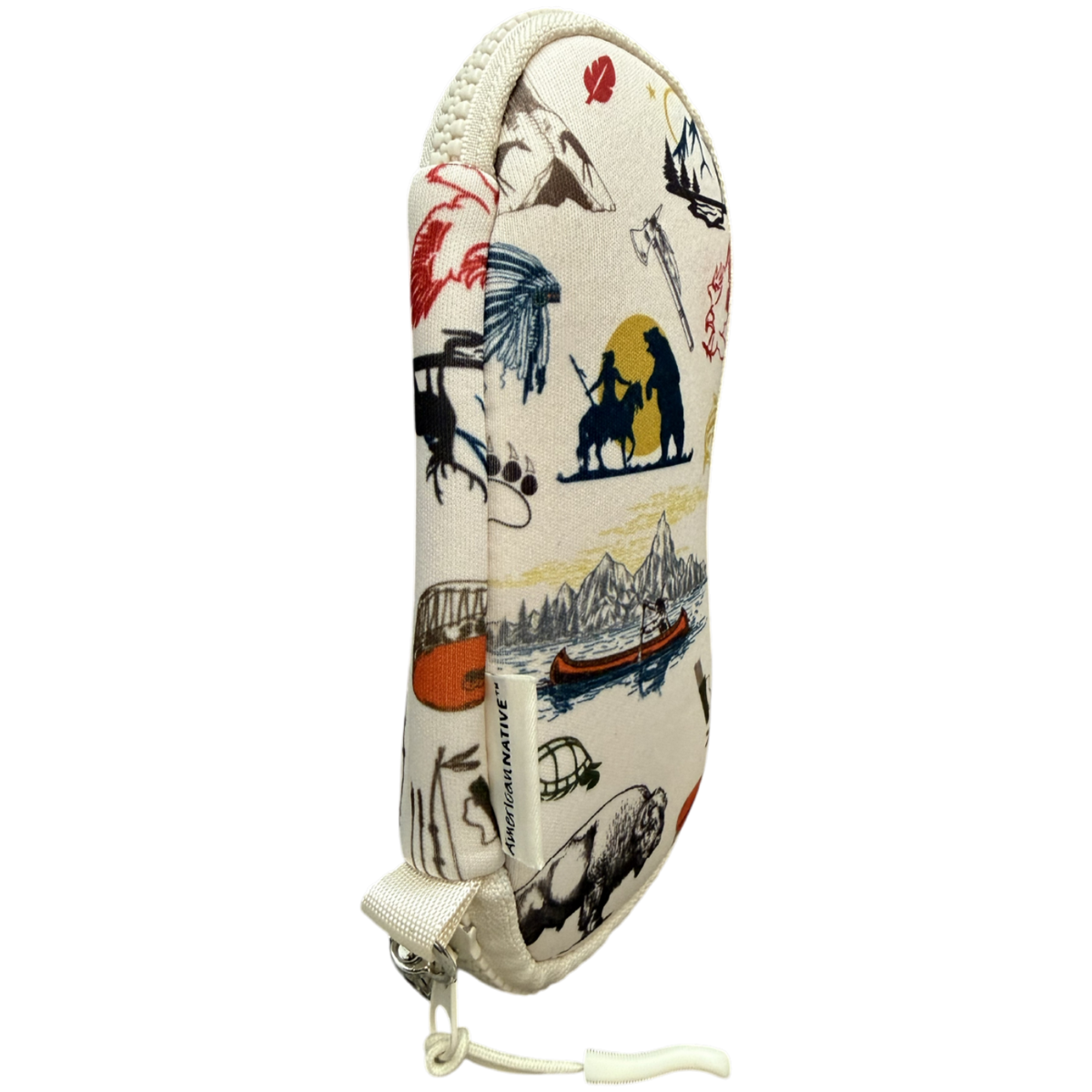 An off-white canvas pencil case featuring a colorful, whimsical illustrated print of polar bears, seals, boats, and wildlife, shown on a plain white background.
