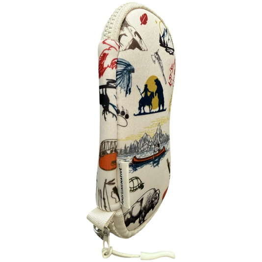 An off-white canvas pencil case featuring a colorful, whimsical illustrated print of polar bears, seals, boats, and wildlife, shown on a plain white background.