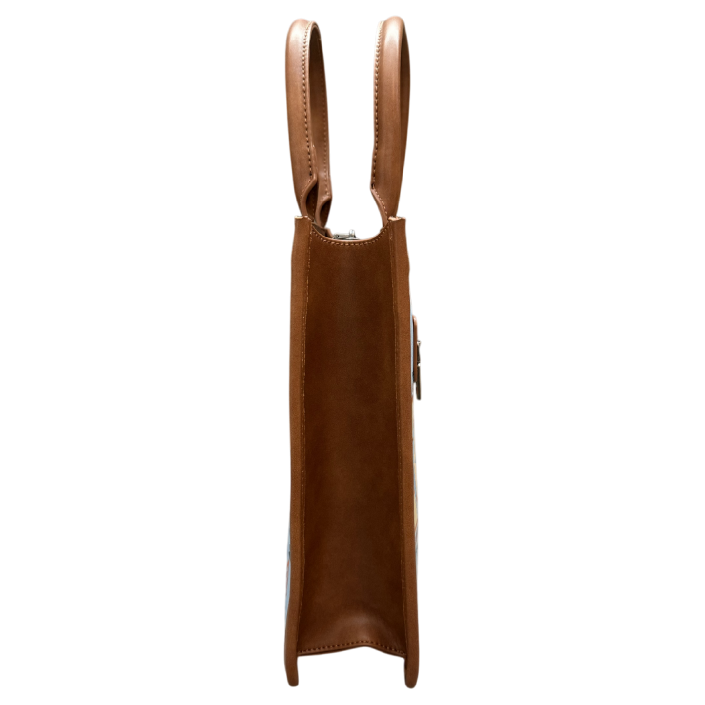 A brown leather tote bag shown from the side profile against a solid white background.