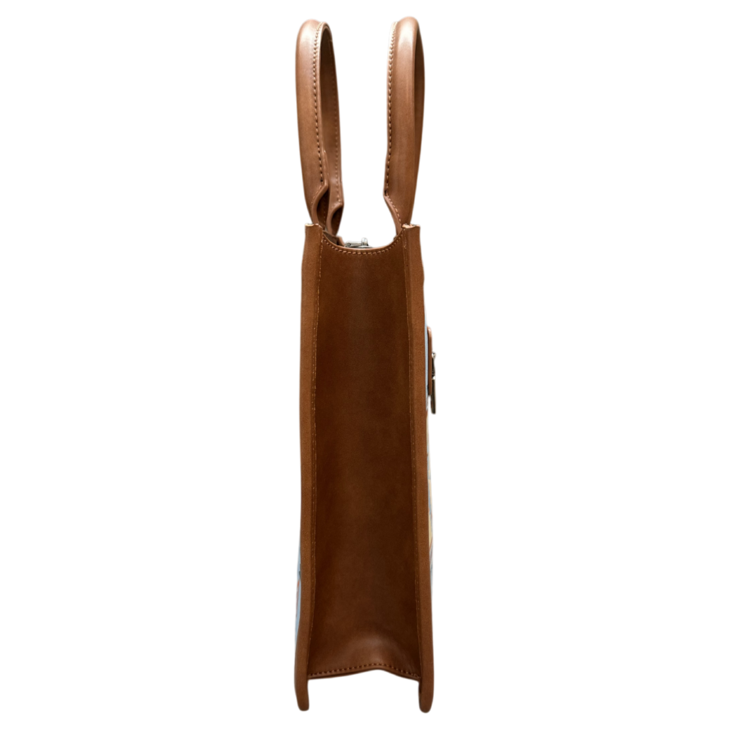 A brown leather tote bag shown from the side profile against a solid white background.