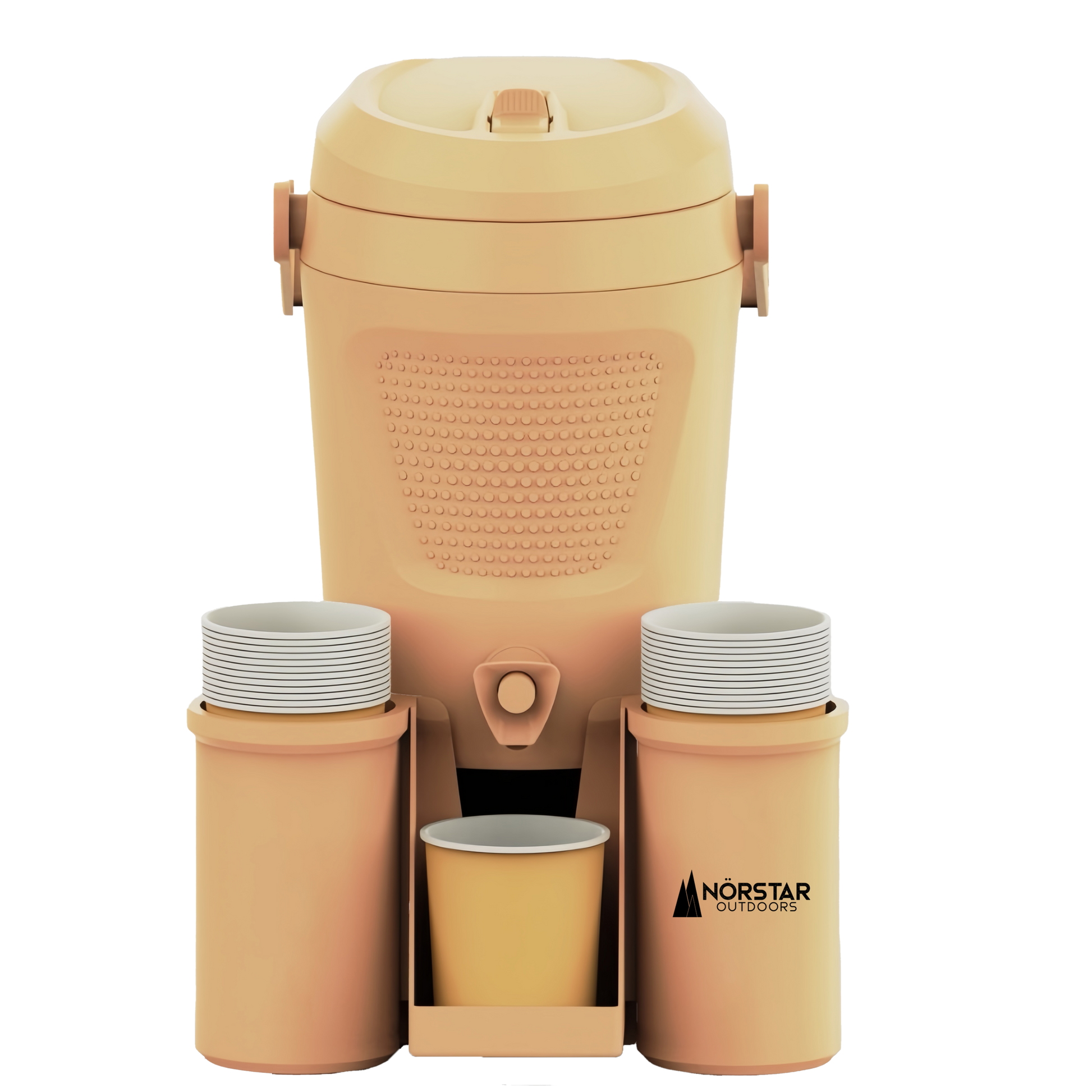 Beige coffee maker with two cups and a carafe on a white background