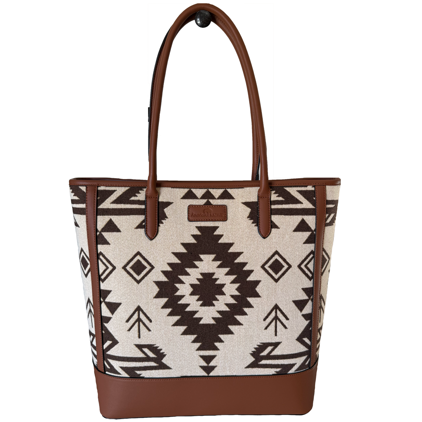 Tote bag with tribal pattern and brown accents on a white background