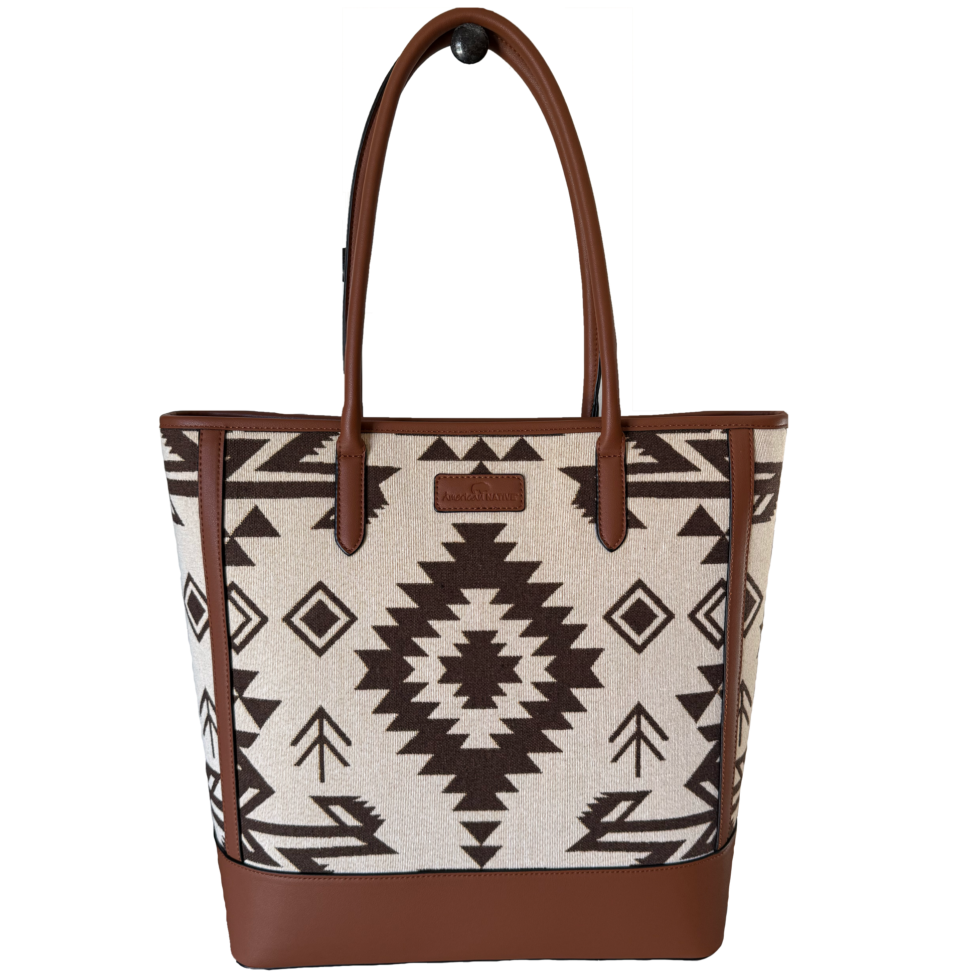 Tote bag with tribal pattern and brown accents on a white background