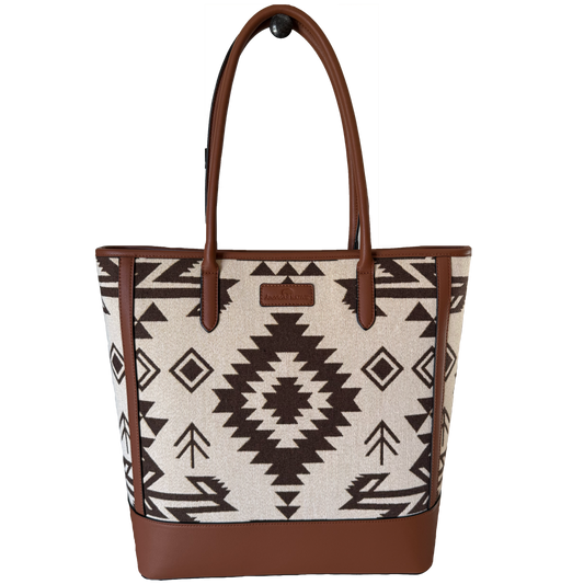 Tote bag with tribal pattern and brown accents on a white background