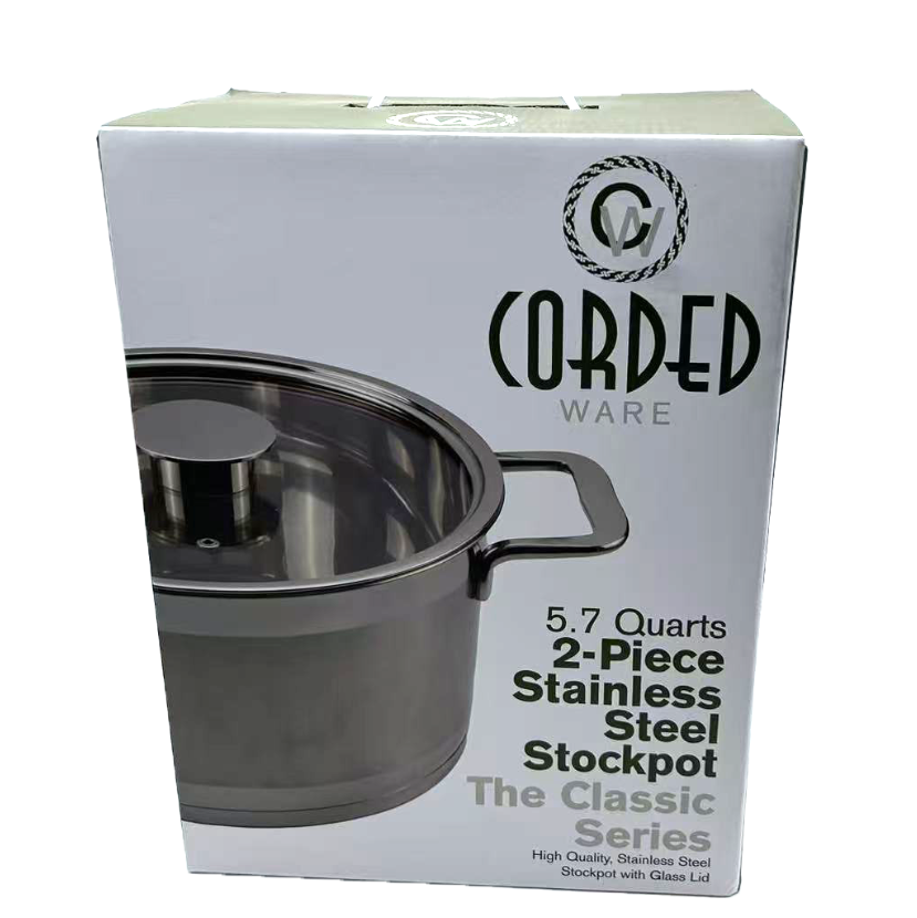 Box of a 5.7-quart 2-piece stainless steel stockpot by Corded Ware on a white background.