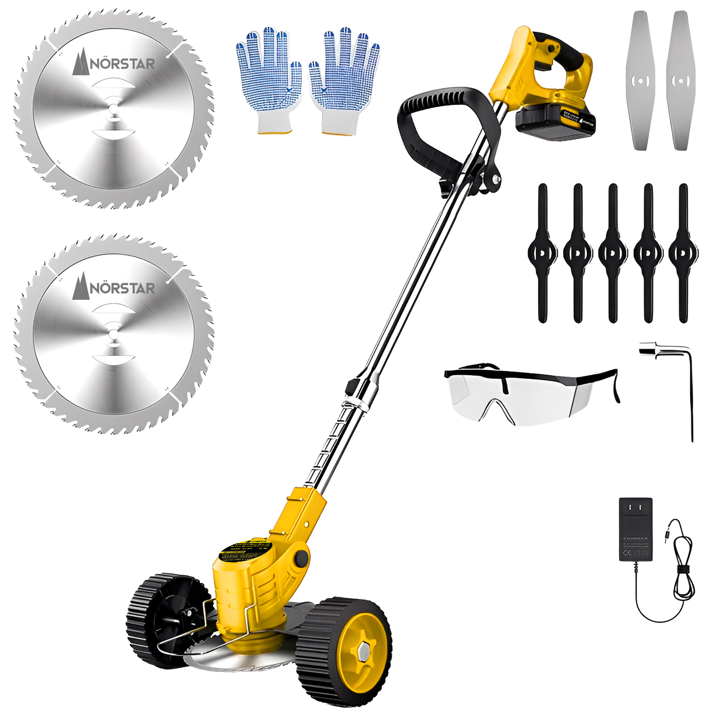 Gardening tool set withNorstar lawn mower, gloves, blades, and safety glasses on a white background
