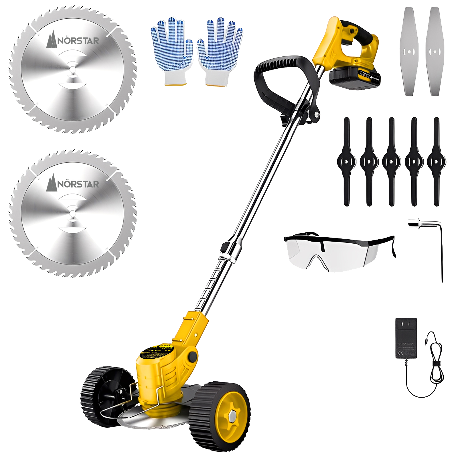 Gardening tool set withNorstar lawn mower, gloves, blades, and safety glasses on a white background