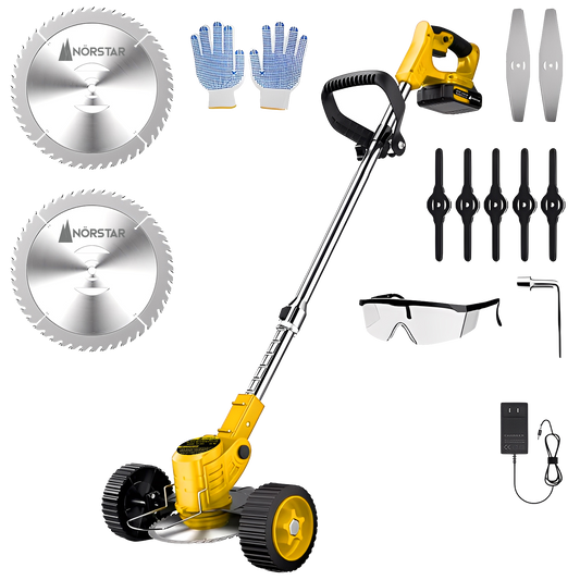 Gardening tool set withNorstar lawn mower, gloves, blades, and safety glasses on a white background