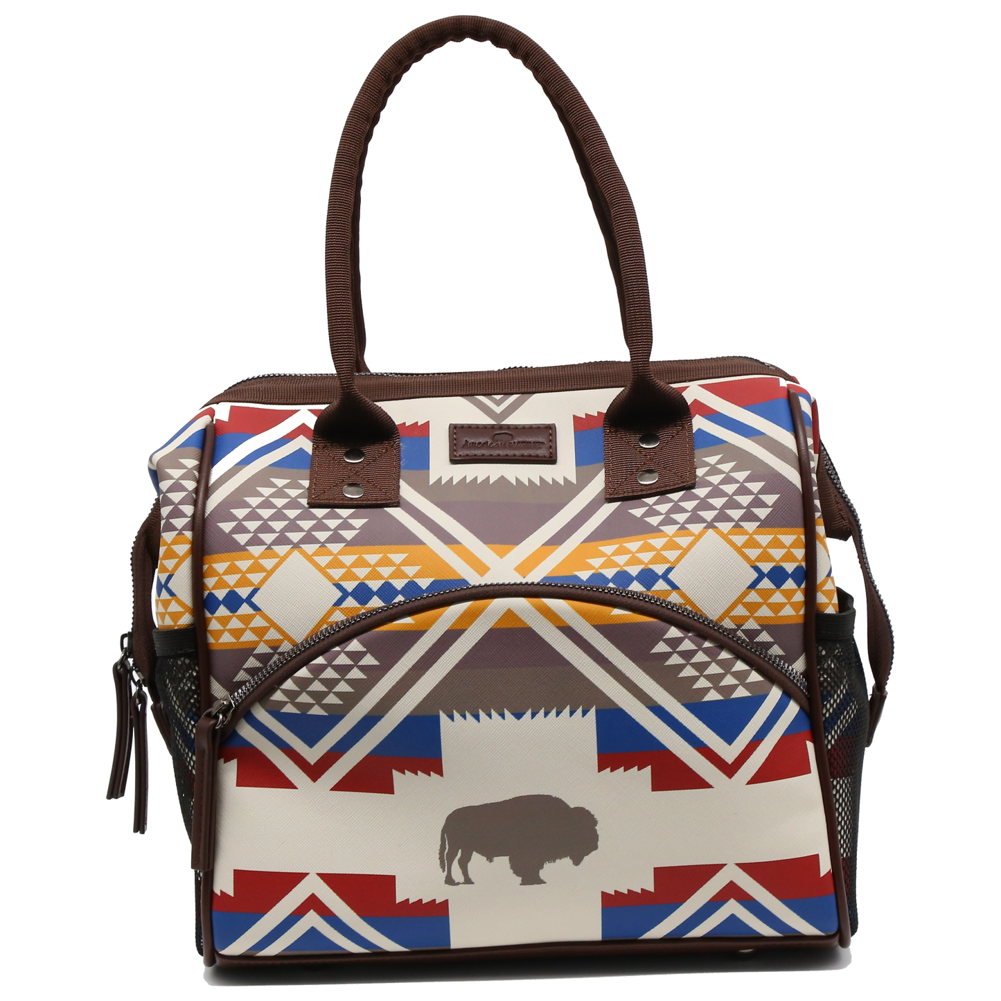Handbag with geometric pattern and buffalo design on a white background