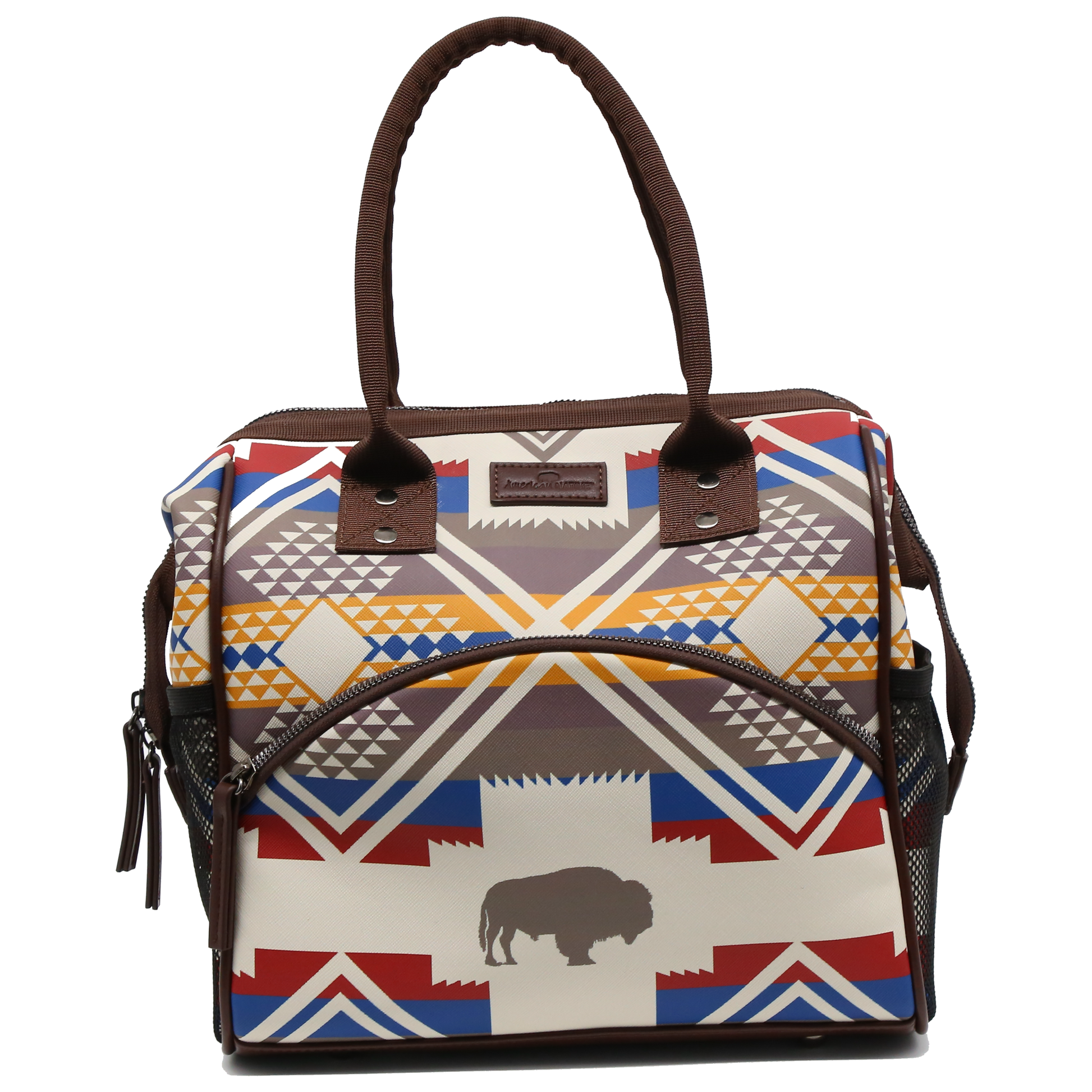 Handbag with geometric pattern and buffalo design on a white background