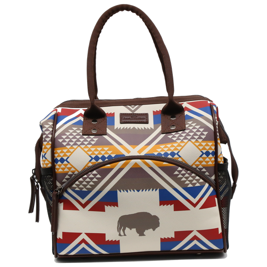 Handbag with geometric pattern and buffalo design on a white background