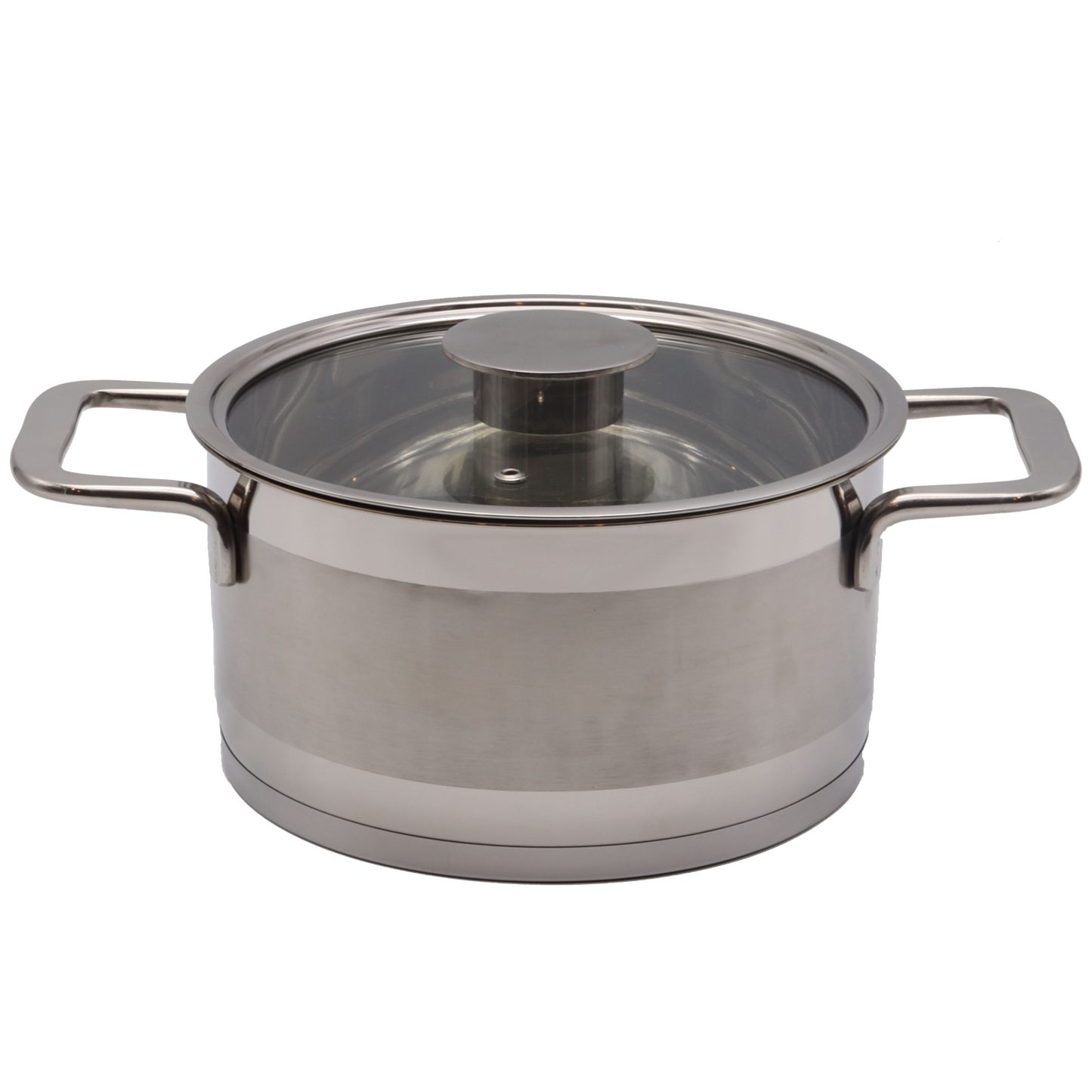 Stainless steel pot with lid on a white background