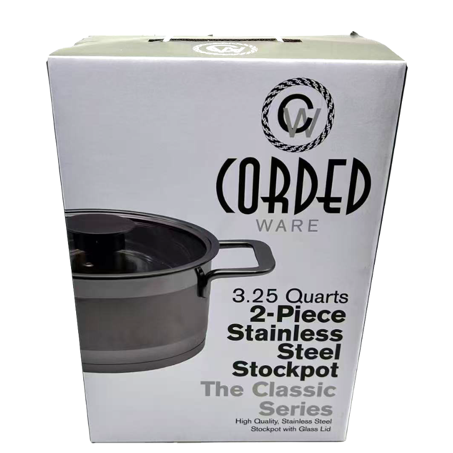 Box of Corded Ware 3.25-quart stainless steel stockpot with glass lid on a white background