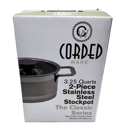 Box of Corded Ware 3.25-quart stainless steel stockpot with glass lid on a white background