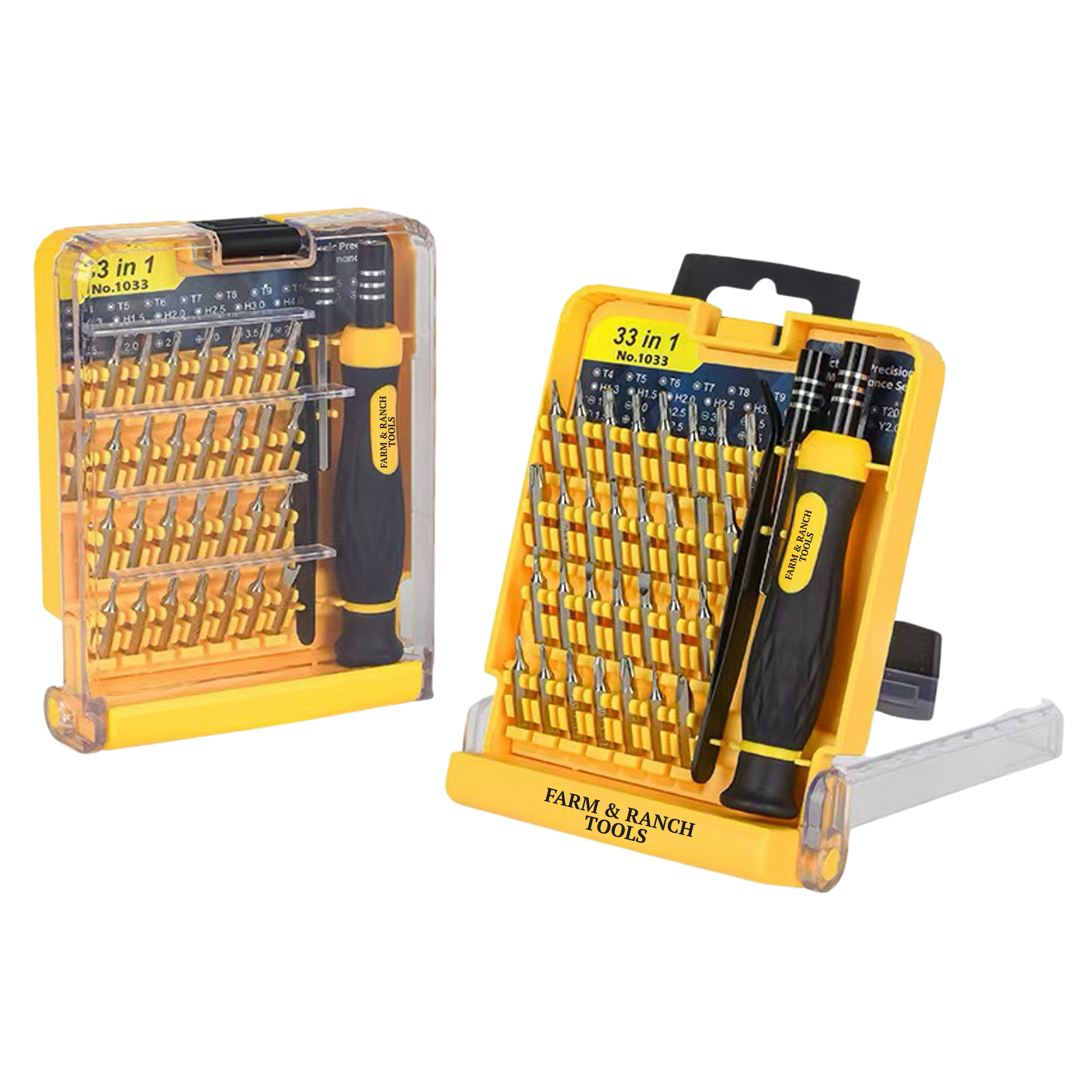 Set of screwdrivers in yellow cases with 'Farm & Ranch Tools' branding on a white background