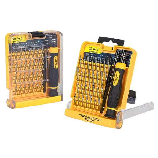 Set of screwdrivers in yellow cases with 'Farm & Ranch Tools' branding on a white background