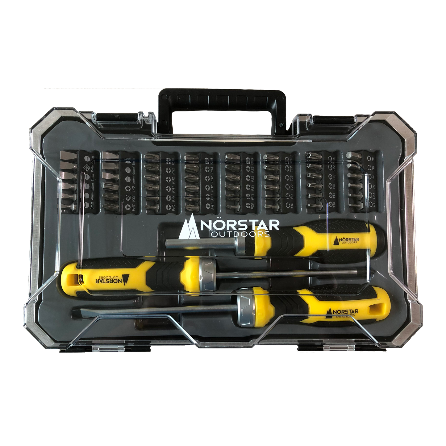 Tool set with yellow screwdrivers and clear case on a white background