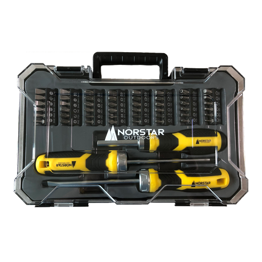 Tool set with yellow screwdrivers and clear case on a white background
