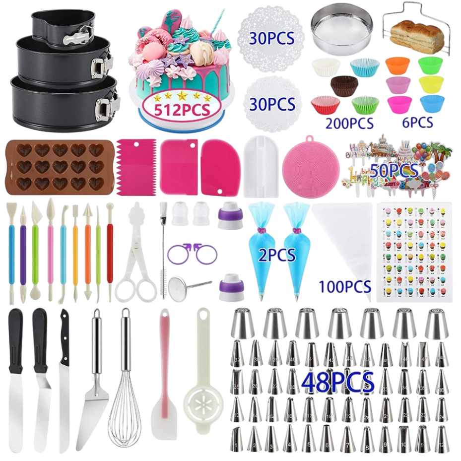 Collection of baking tools and accessories with quantities displayed.