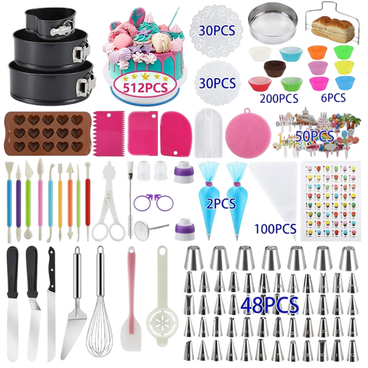 Collection of baking tools and accessories with quantities displayed.