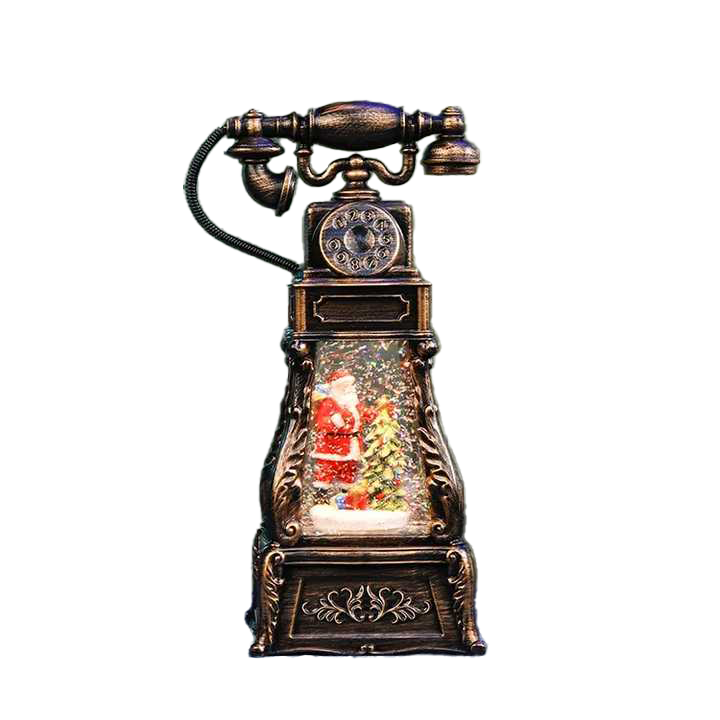 Decorative phone-shaped snow globe with Santa Claus inside on a white background