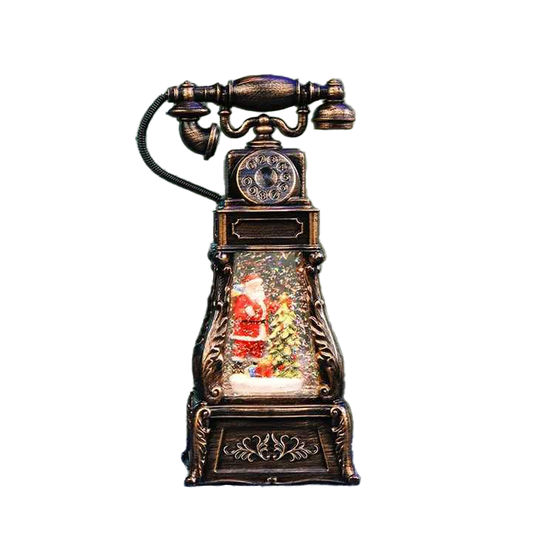 Decorative phone-shaped snow globe with Santa Claus inside on a white background