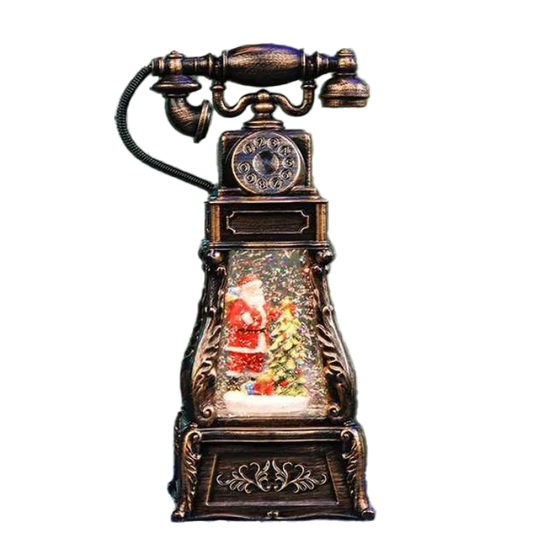 Decorative phone-shaped snow globe with Santa Claus inside on a white background