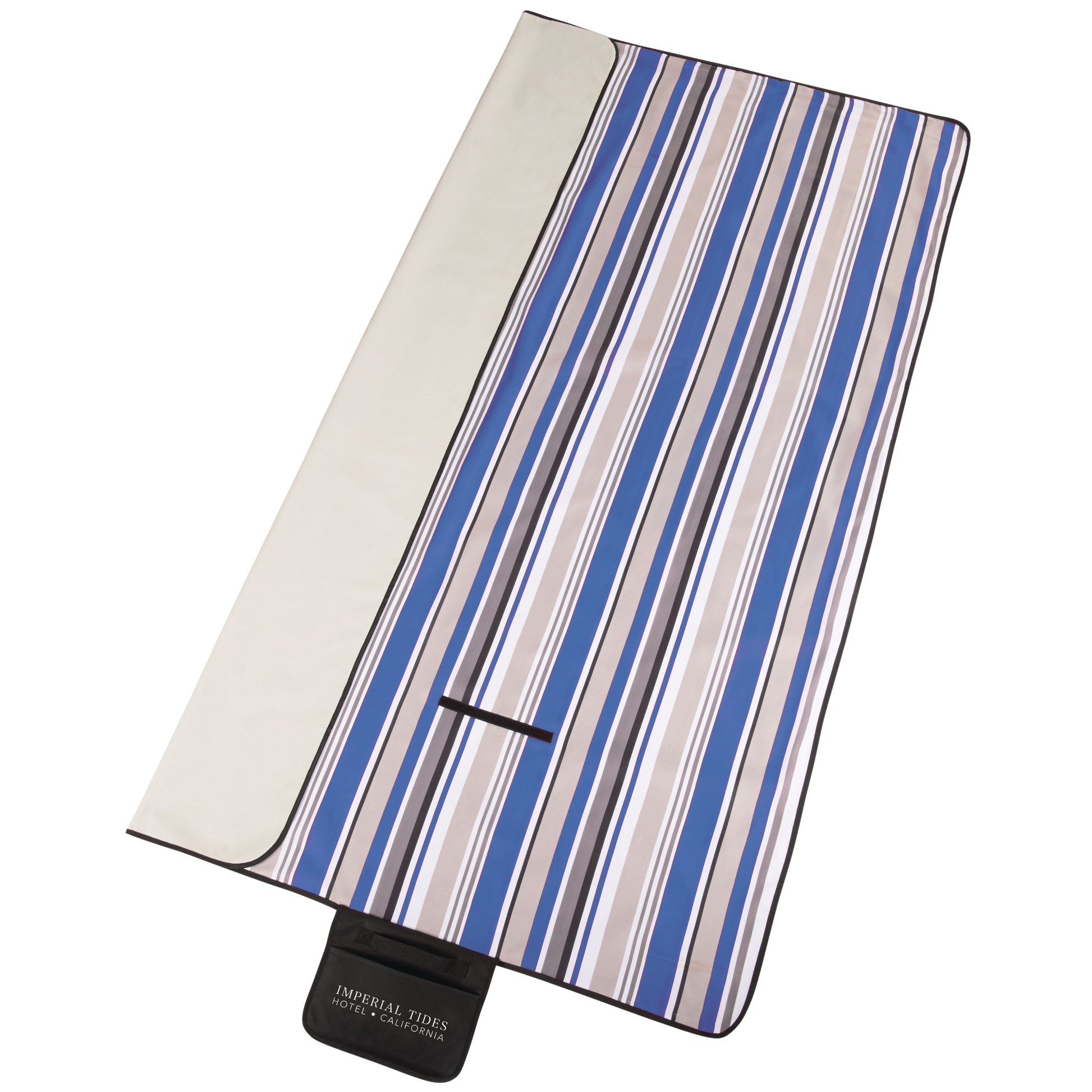 Striped picnic blanket with blue and beige pattern on a white background